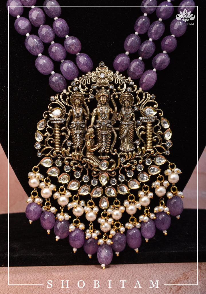 3" Strand Ram Darbar Design, Victorian Finish Embellished Haar and Matching earrings Set | Shobitam Jewelry