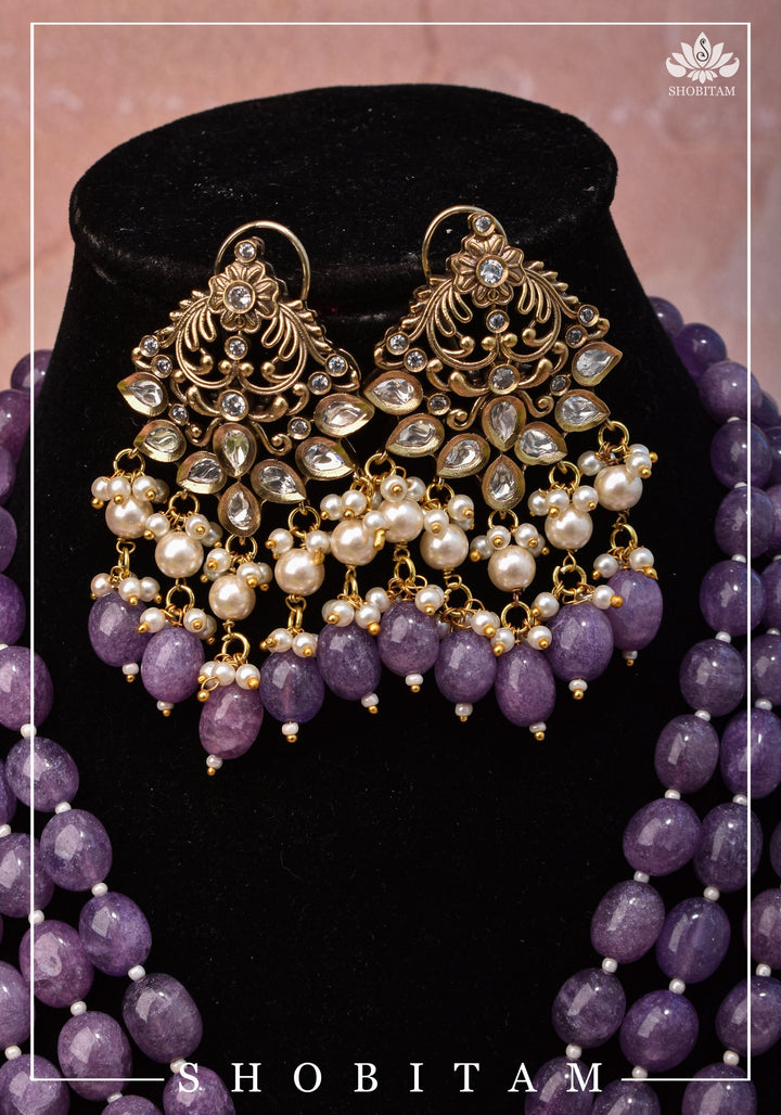 3" Strand Ram Darbar Design, Victorian Finish Embellished Haar and Matching earrings Set | Shobitam Jewelry