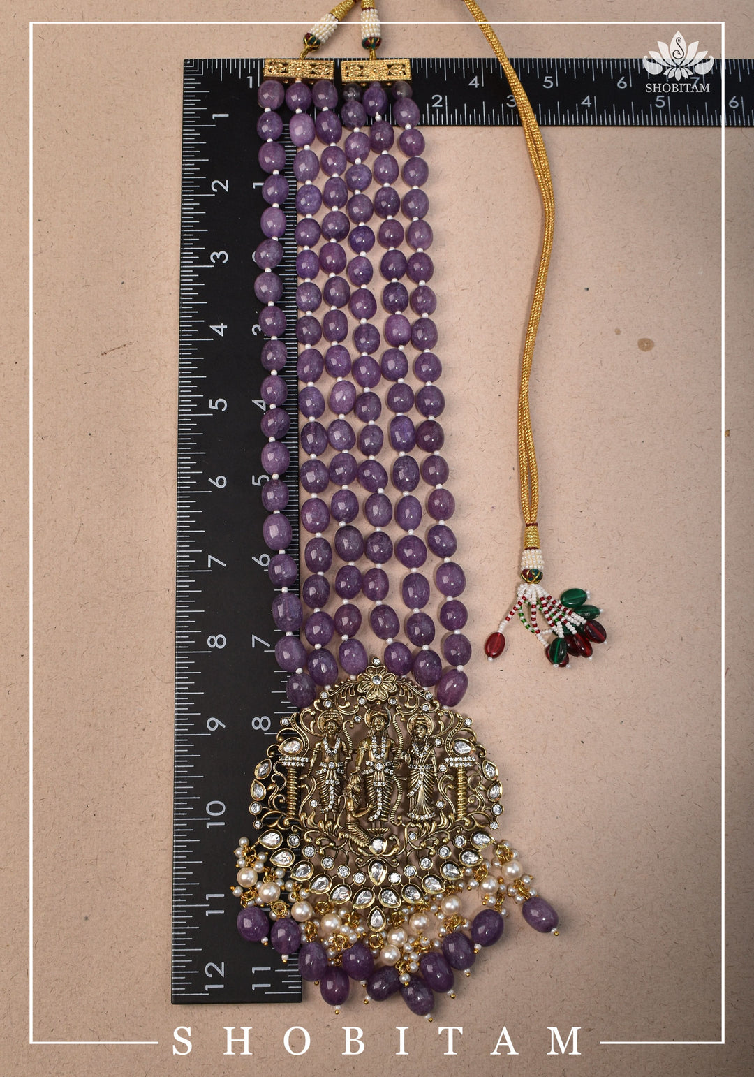 3" Strand Ram Darbar Design, Victorian Finish Embellished Haar and Matching earrings Set | Shobitam Jewelry