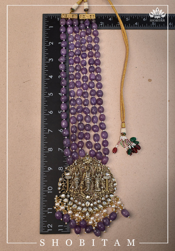 3" Strand Ram Darbar Design, Victorian Finish Embellished Haar and Matching earrings Set | Shobitam Jewelry