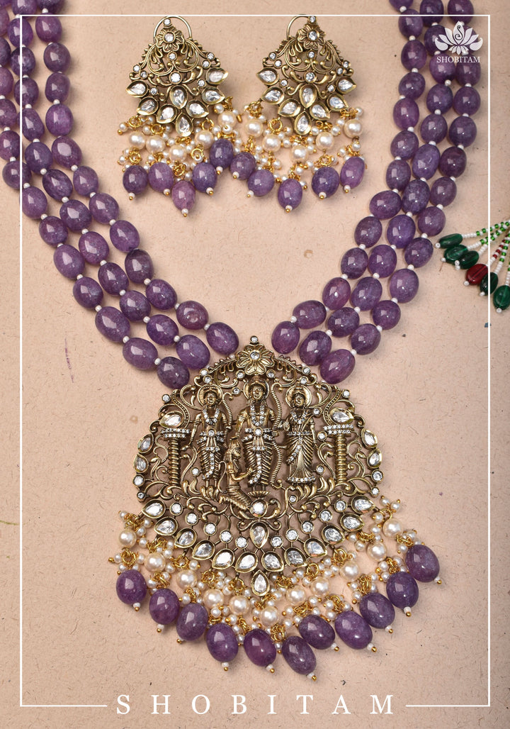 3" Strand Ram Darbar Design, Victorian Finish Embellished Haar and Matching earrings Set | Shobitam Jewelry