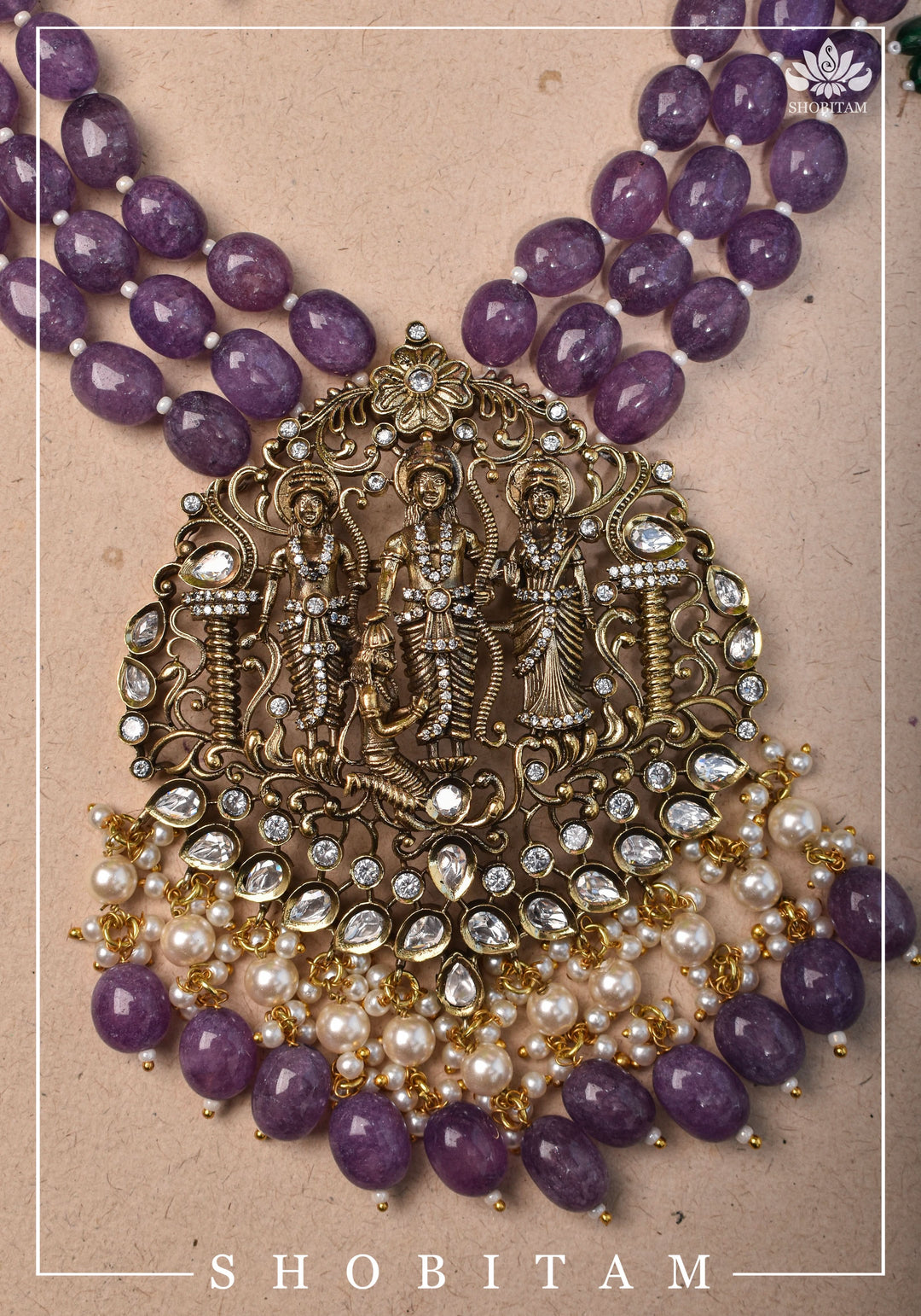 3" Strand Ram Darbar Design, Victorian Finish Embellished Haar and Matching earrings Set | Shobitam Jewelry