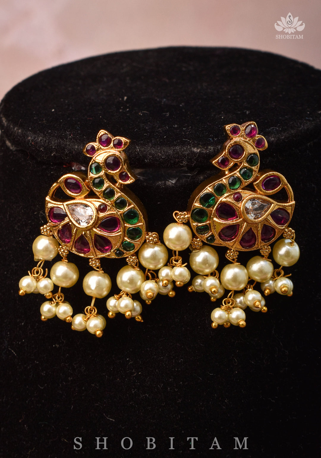 Twin Peacock Minimalistic Ethnic Necklace and Earrings with Red Green and White Stones | Shobitam Jewelry