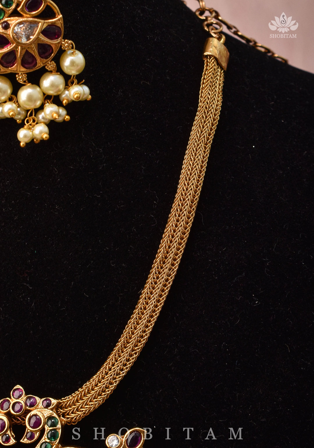 Twin Peacock Minimalistic Ethnic Necklace and Earrings with Red Green and White Stones | Shobitam Jewelry