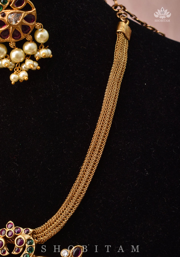 Twin Peacock Minimalistic Ethnic Necklace and Earrings with Red Green and White Stones | Shobitam Jewelry