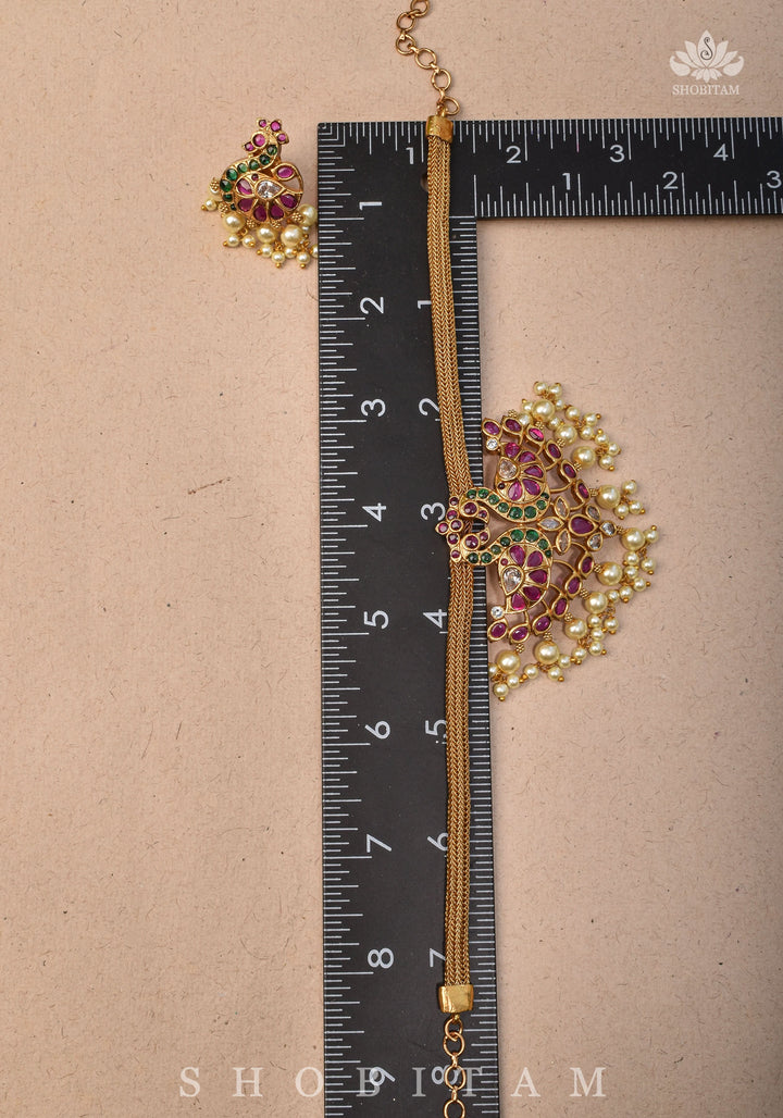 Twin Peacock Minimalistic Ethnic Necklace and Earrings with Red Green and White Stones | Shobitam Jewelry