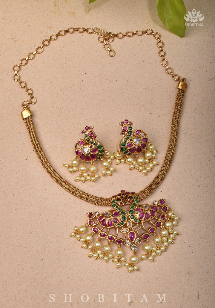 Twin Peacock Minimalistic Ethnic Necklace and Earrings with Red Green and White Stones | Shobitam Jewelry