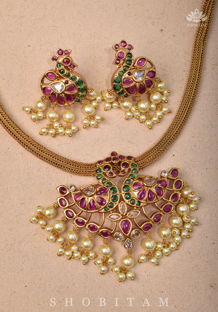 Twin Peacock Minimalistic Ethnic Necklace and Earrings with Red Green and White Stones | Shobitam Jewelry