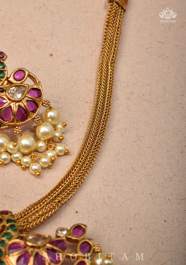 Twin Peacock Minimalistic Ethnic Necklace and Earrings with Red Green and White Stones | Shobitam Jewelry