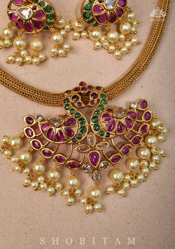Twin Peacock Minimalistic Ethnic Necklace and Earrings with Red Green and White Stones | Shobitam Jewelry