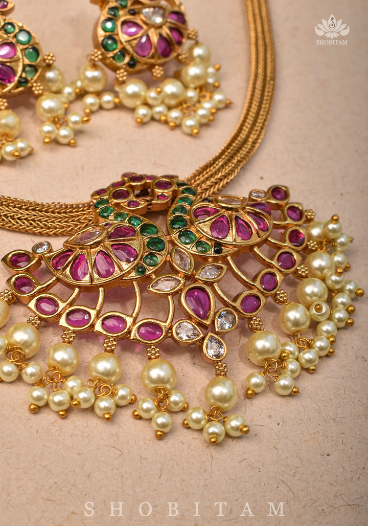 Twin Peacock Minimalistic Ethnic Necklace and Earrings with Red Green and White Stones | Shobitam Jewelry