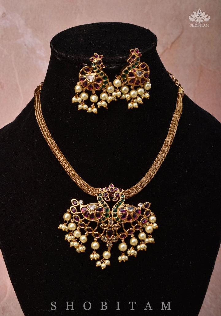 Twin Peacock Minimalistic Ethnic Necklace and Earrings with Red Green and White Stones | Shobitam Jewelry