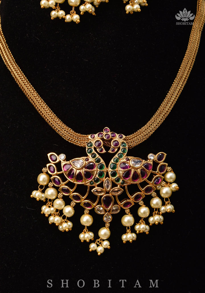 Twin Peacock Minimalistic Ethnic Necklace and Earrings with Red Green and White Stones | Shobitam Jewelry