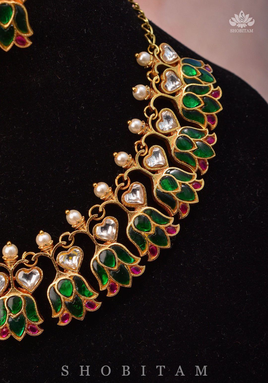 Translucent Falling Lotus Flexible necklace set with Green, Pink and White Stones | Shobitam Jewelry