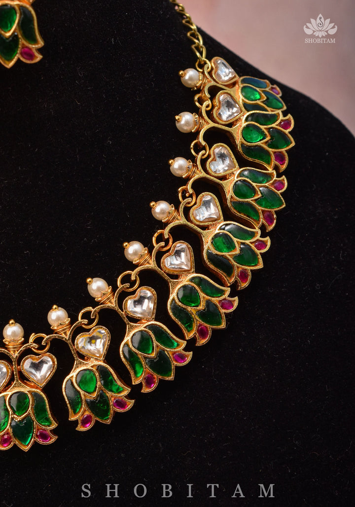 Translucent Falling Lotus Flexible necklace set with Green, Pink and White Stones | Shobitam Jewelry