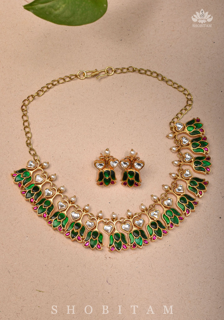 Translucent Falling Lotus Flexible necklace set with Green, Pink and White Stones | Shobitam Jewelry