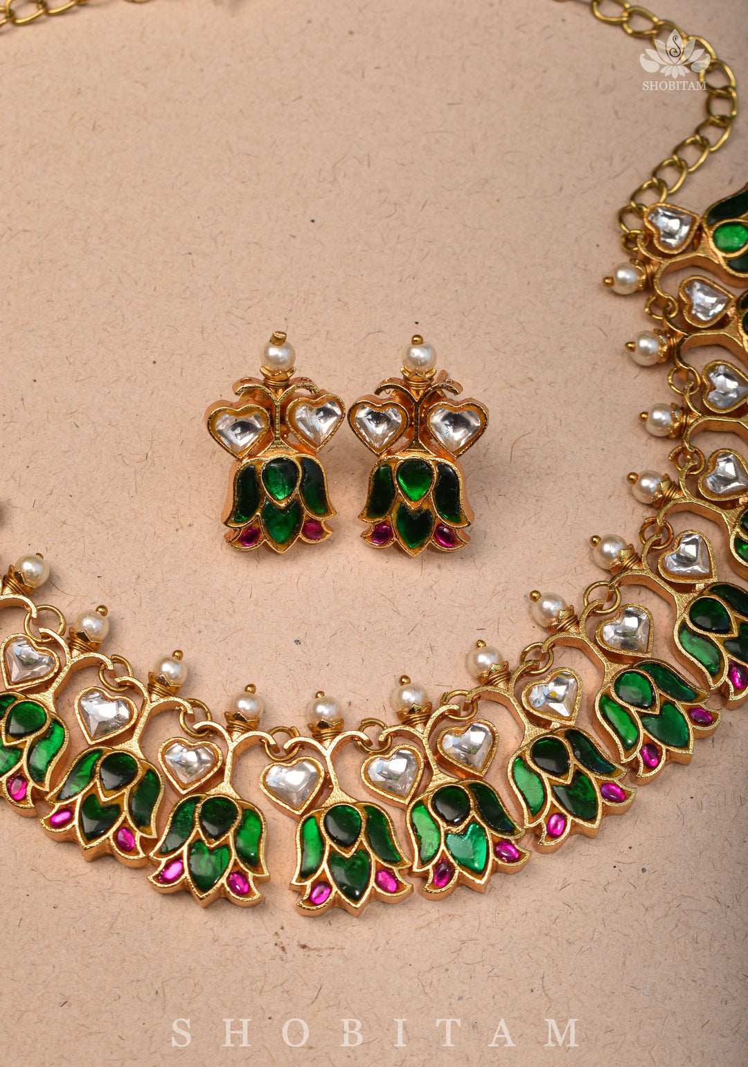 Translucent Falling Lotus Flexible necklace set with Green, Pink and White Stones | Shobitam Jewelry