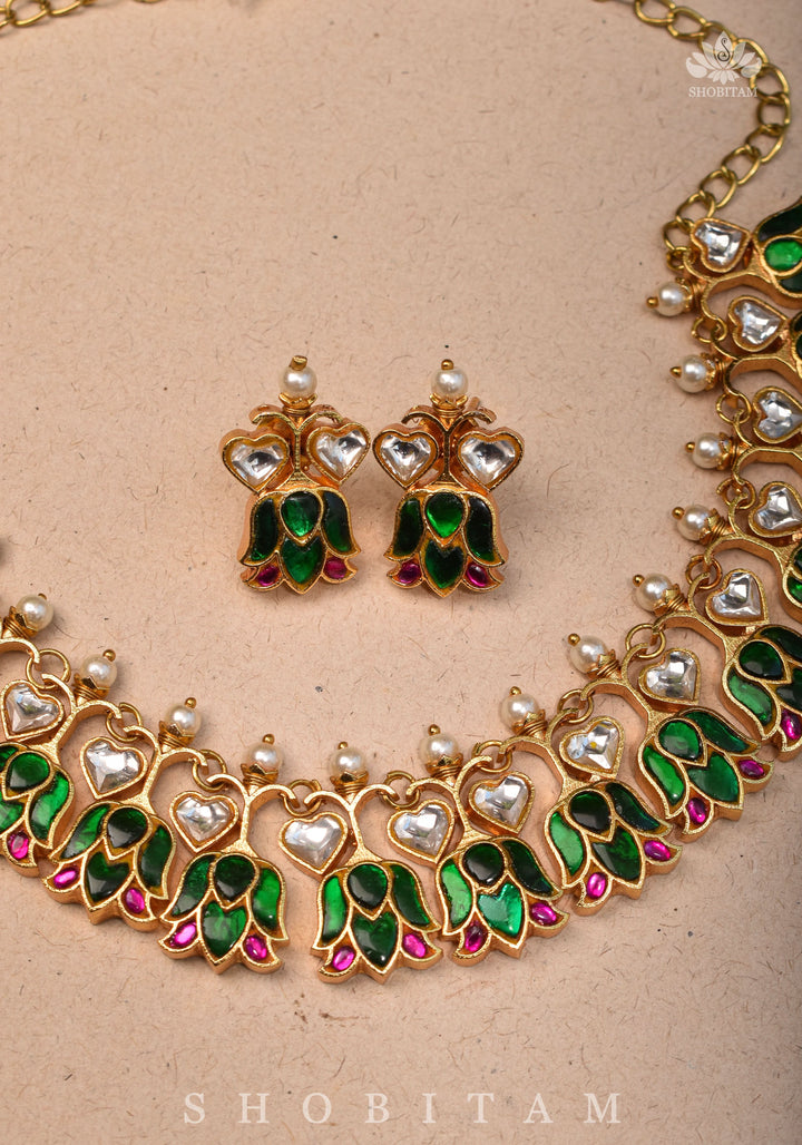Translucent Falling Lotus Flexible necklace set with Green, Pink and White Stones | Shobitam Jewelry