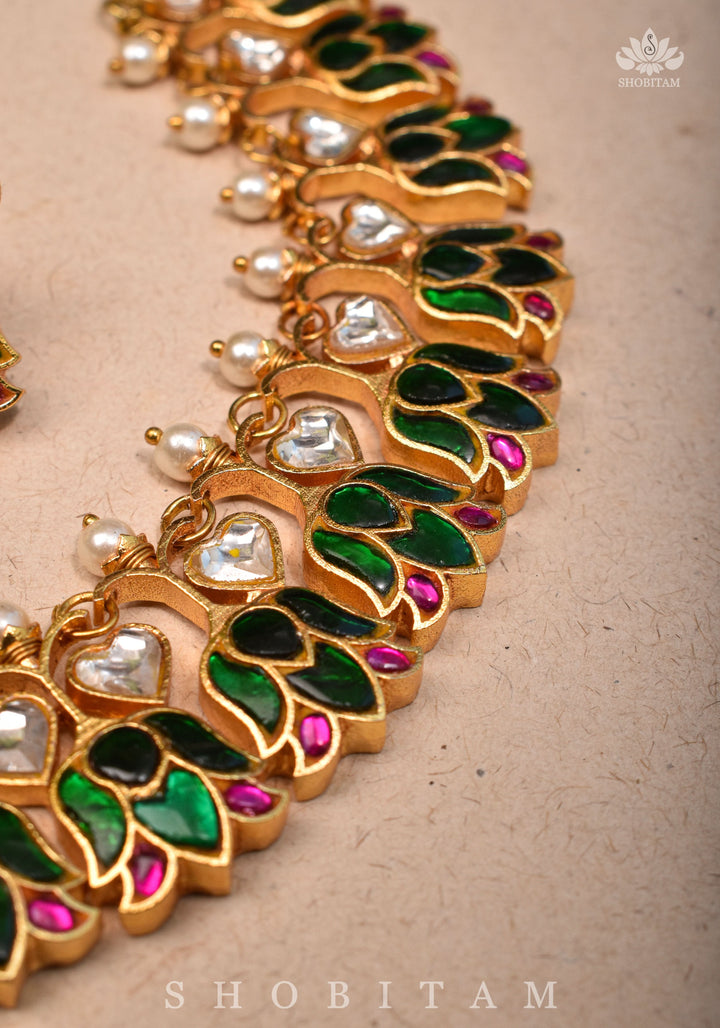 Translucent Falling Lotus Flexible necklace set with Green, Pink and White Stones | Shobitam Jewelry