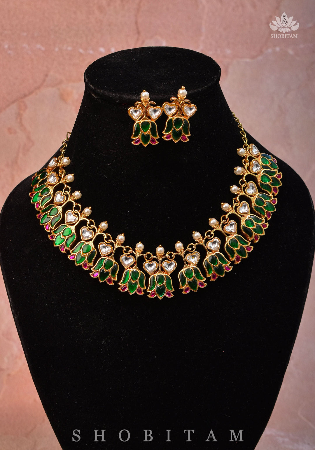 Translucent Falling Lotus Flexible necklace set with Green, Pink and White Stones | Shobitam Jewelry