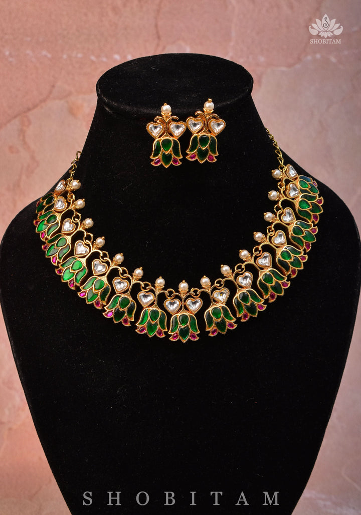 Translucent Falling Lotus Flexible necklace set with Green, Pink and White Stones | Shobitam Jewelry