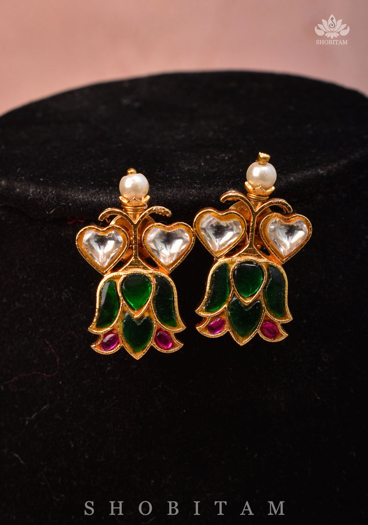 Translucent Falling Lotus Flexible necklace set with Green, Pink and White Stones | Shobitam Jewelry