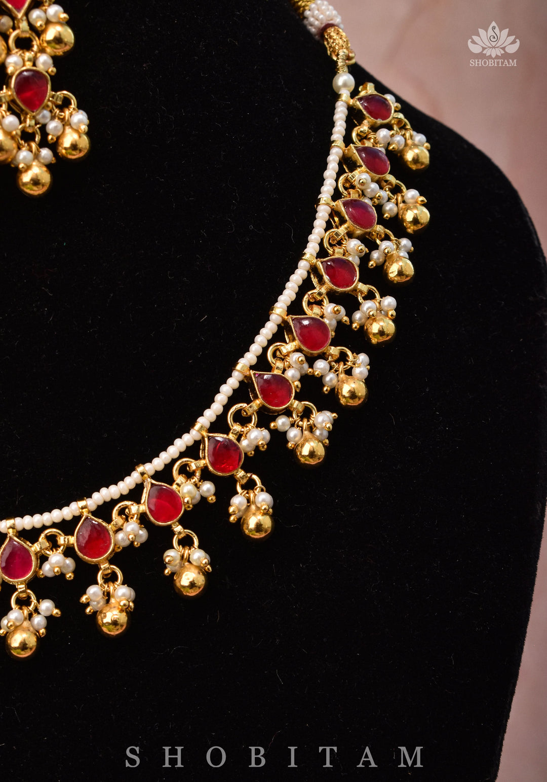 Lightweight Jadau handmade Necklace Set with Dangling Red translucent stones and Matching Earrings | Shobitam Jewelry
