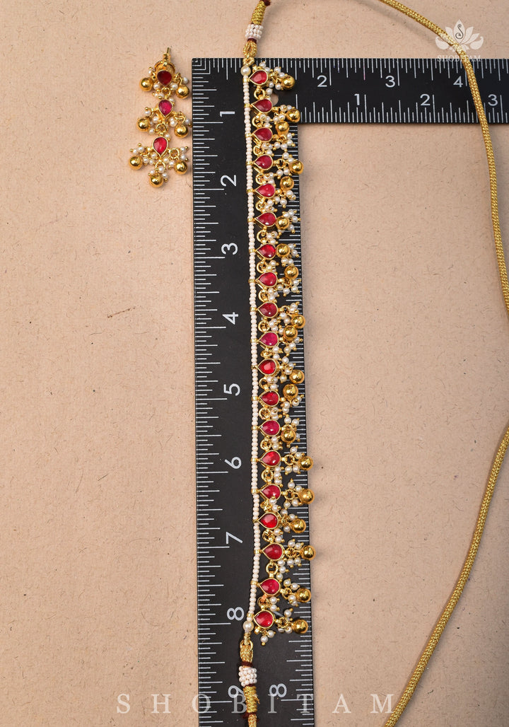 Lightweight Jadau handmade Necklace Set with Dangling Red translucent stones and Matching Earrings | Shobitam Jewelry