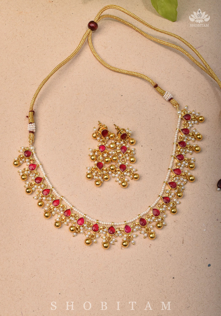 Lightweight Jadau handmade Necklace Set with Dangling Red translucent stones and Matching Earrings | Shobitam Jewelry