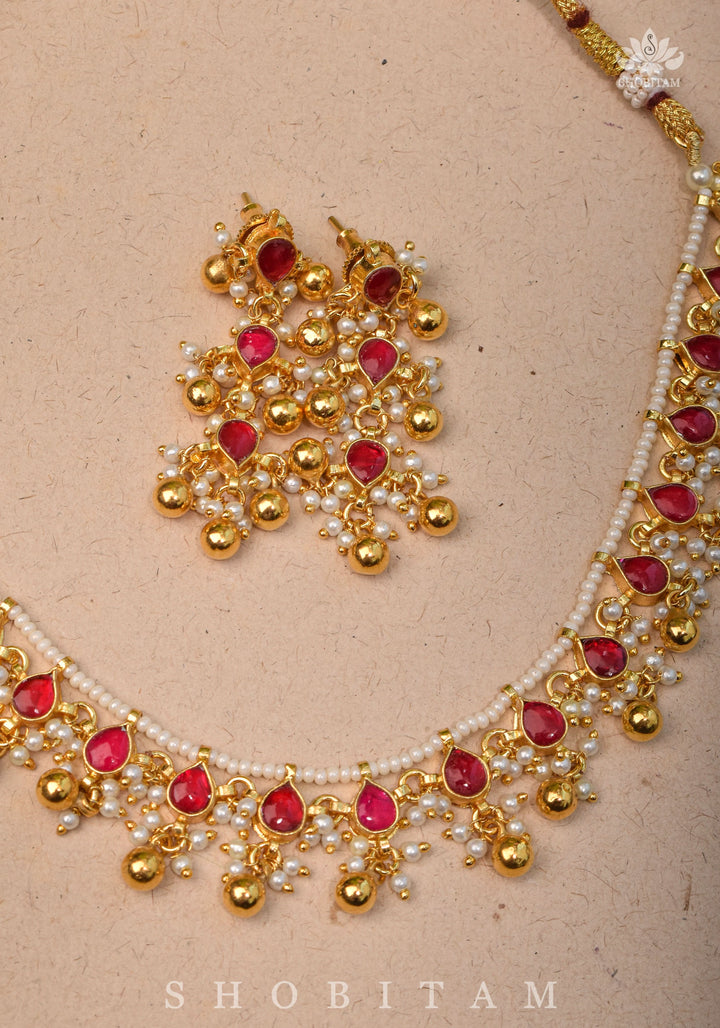 Lightweight Jadau handmade Necklace Set with Dangling Red translucent stones and Matching Earrings | Shobitam Jewelry