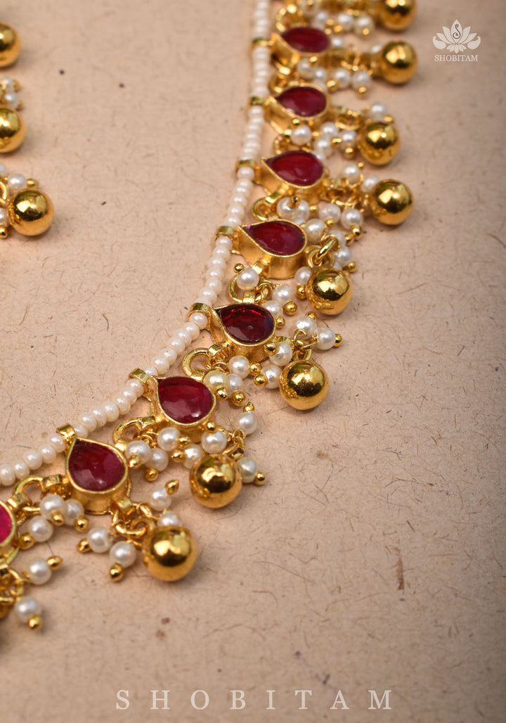 Lightweight Jadau handmade Necklace Set with Dangling Red translucent stones and Matching Earrings | Shobitam Jewelry
