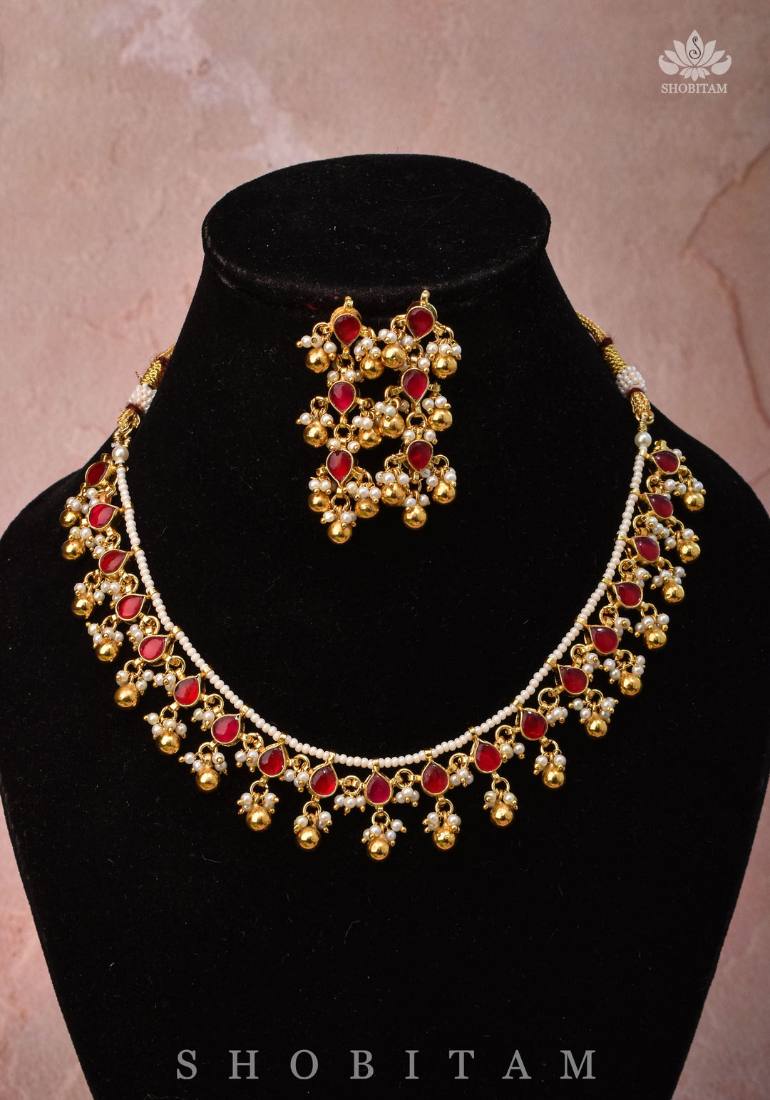 Lightweight Jadau handmade Necklace Set with Dangling Red translucent stones and Matching Earrings | Shobitam Jewelry
