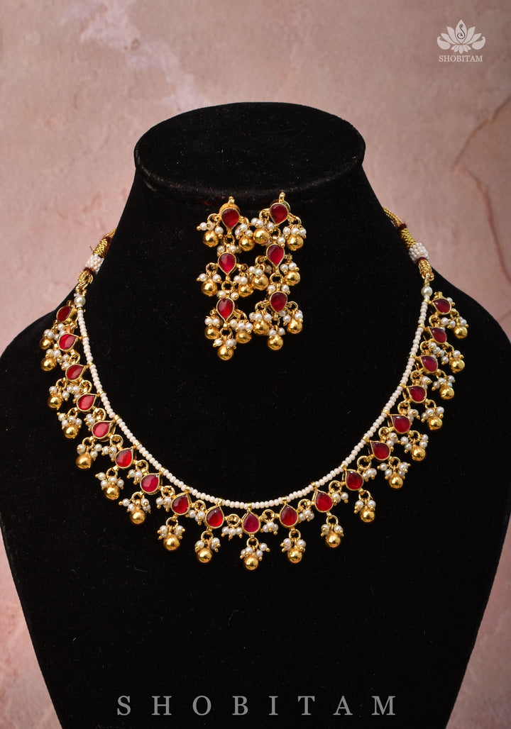 Lightweight Jadau handmade Necklace Set with Dangling Red translucent stones and Matching Earrings | Shobitam Jewelry
