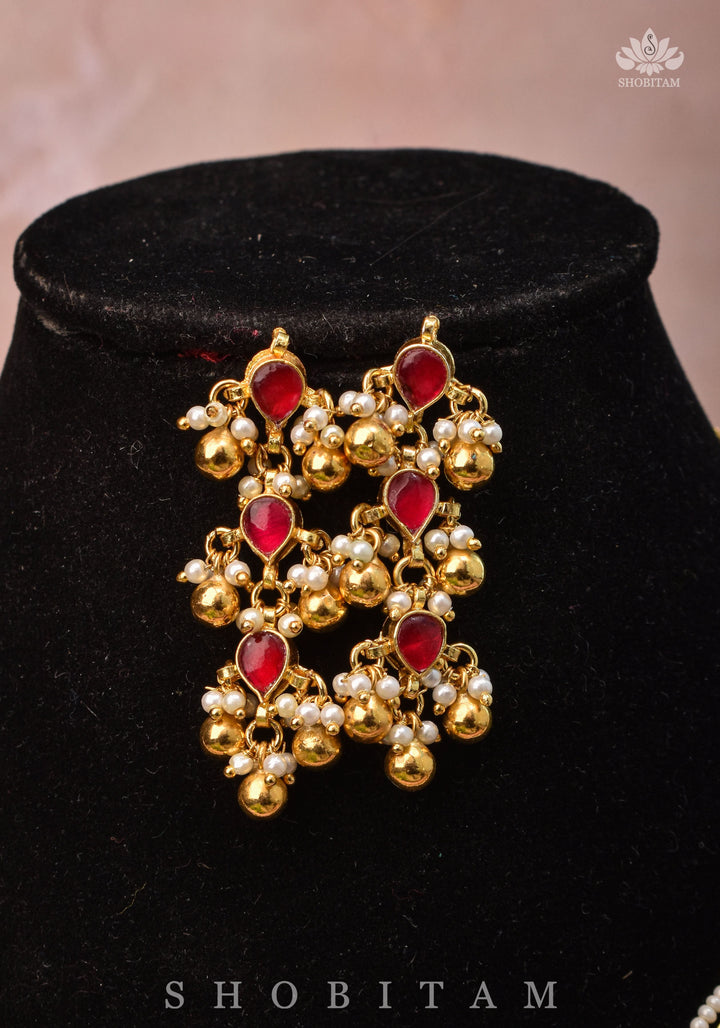 Lightweight Jadau handmade Necklace Set with Dangling Red translucent stones and Matching Earrings | Shobitam Jewelry