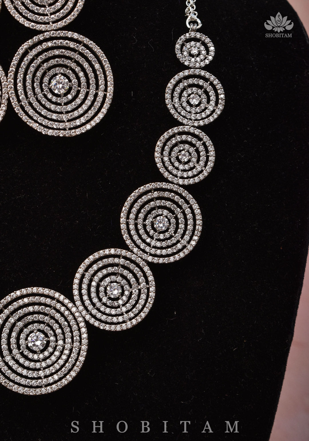 CZ Stone Studded Halo design  Necklace Set with 3" Long Earrings | Shobitam Jewelry