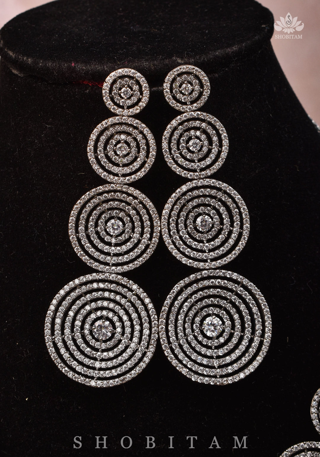 CZ Stone Studded Halo design  Necklace Set with 3" Long Earrings | Shobitam Jewelry