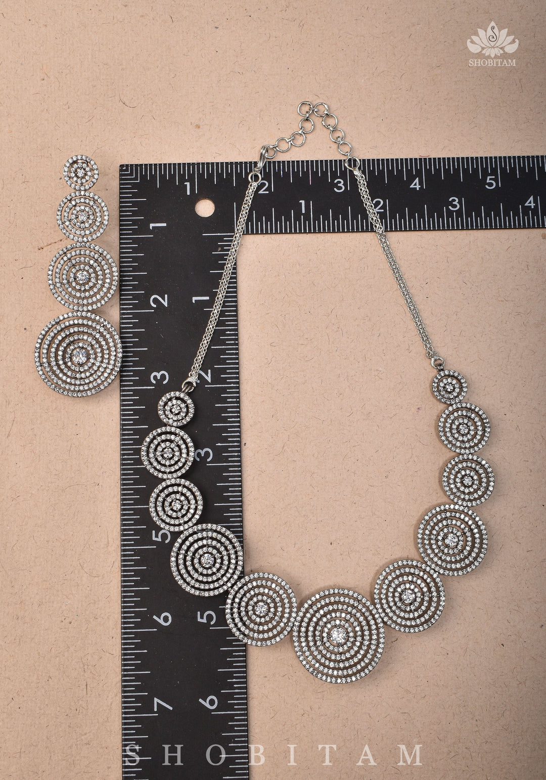 CZ Stone Studded Halo design  Necklace Set with 3" Long Earrings | Shobitam Jewelry