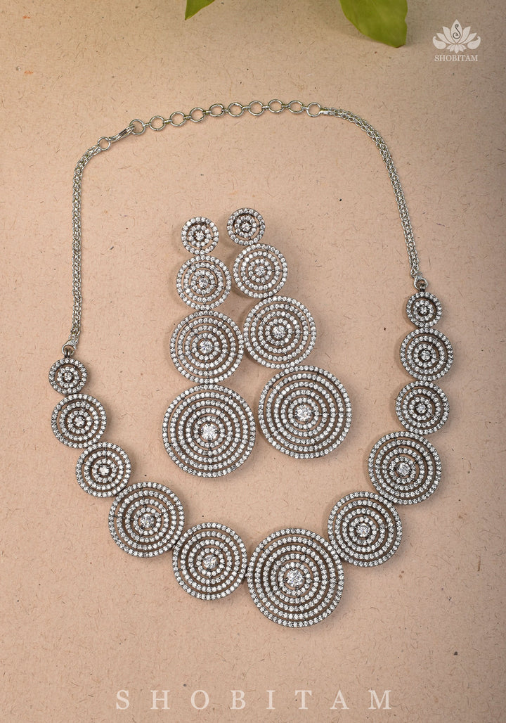 CZ Stone Studded Halo design  Necklace Set with 3" Long Earrings | Shobitam Jewelry