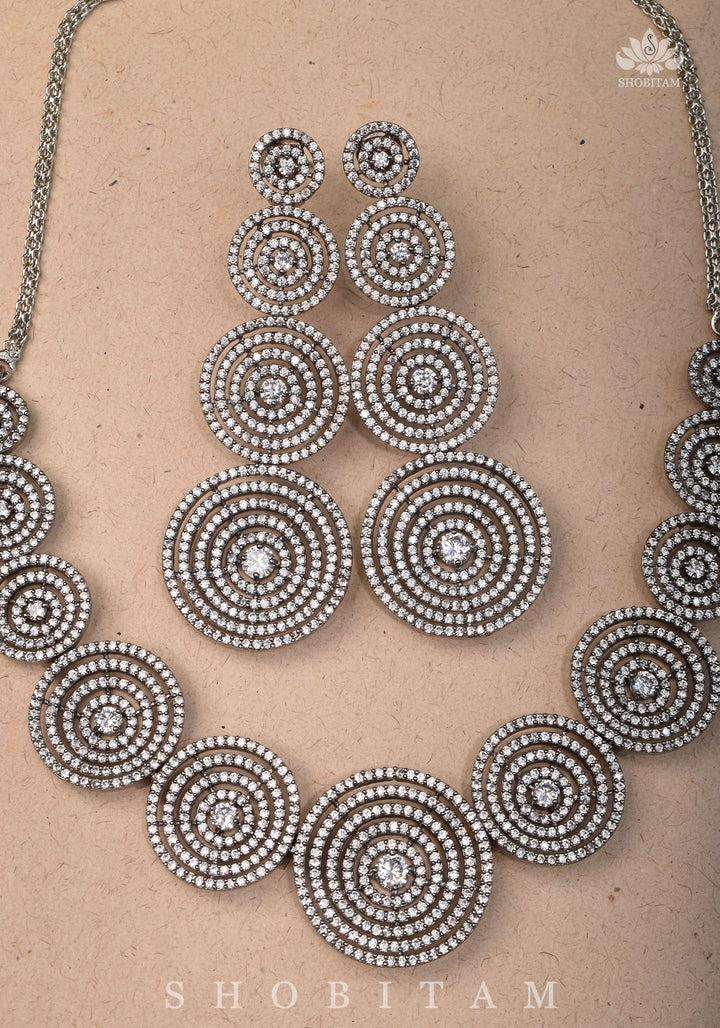 CZ Stone Studded Halo design  Necklace Set with 3" Long Earrings | Shobitam Jewelry