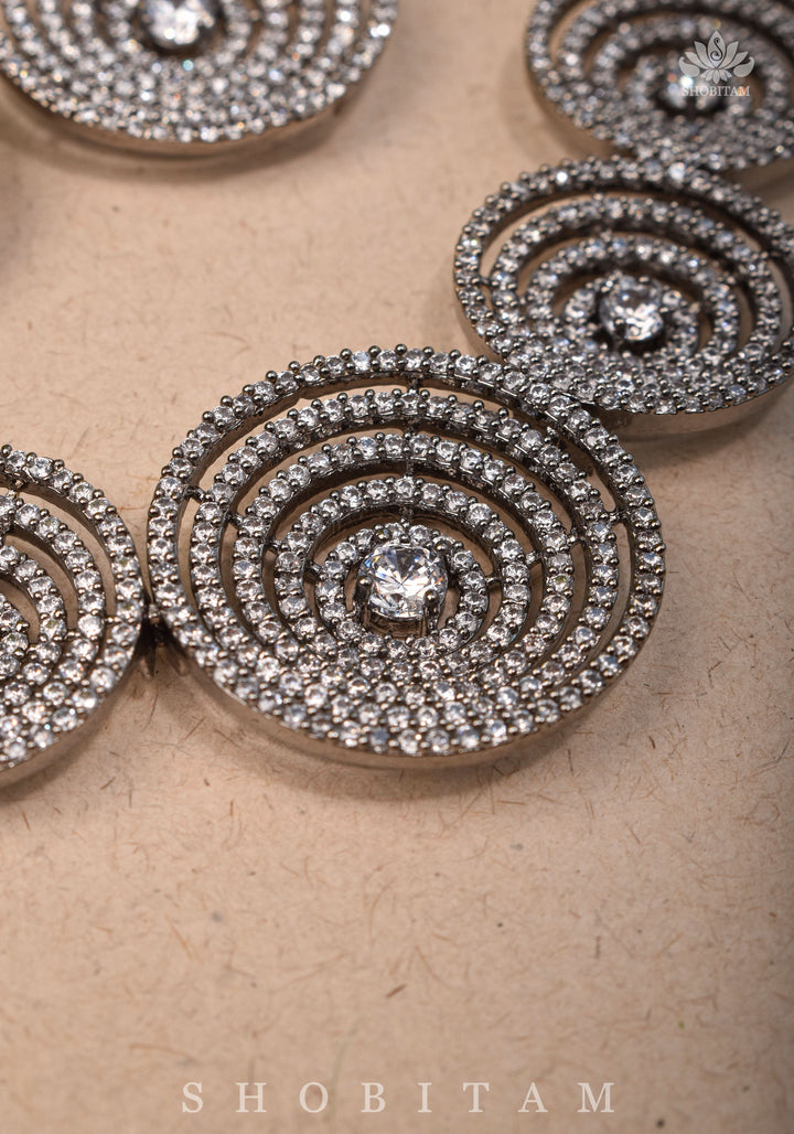 CZ Stone Studded Halo design  Necklace Set with 3" Long Earrings | Shobitam Jewelry