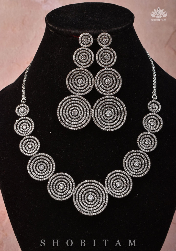 CZ Stone Studded Halo design  Necklace Set with 3" Long Earrings | Shobitam Jewelry