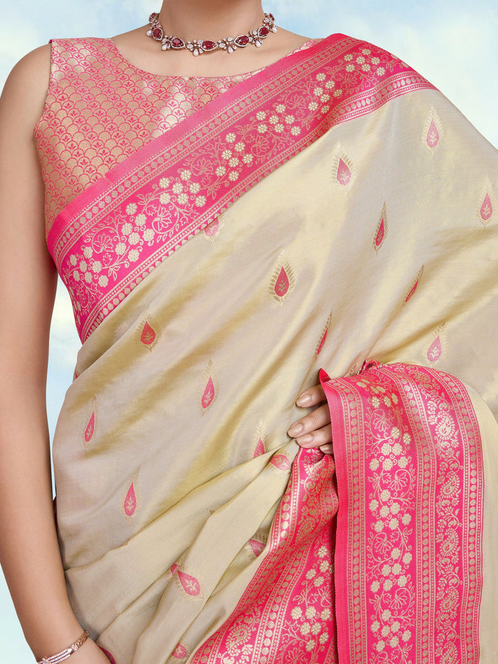 Semi Banarasi Tissue Silk Zari Woven Cream Saree | SHOBITAM