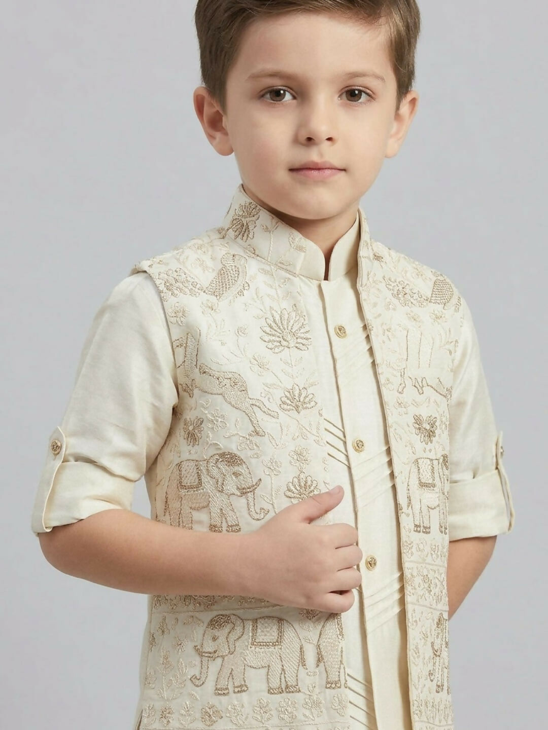 Boys Off White Kurta Pajama Set with Embroidered Ethnic Jacket | SHOBITAM