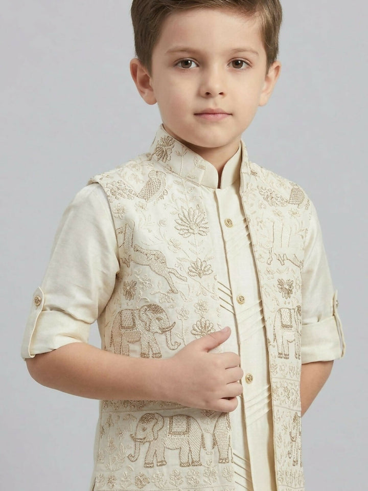 Boys Off White Kurta Pajama Set with Embroidered Ethnic Jacket | SHOBITAM