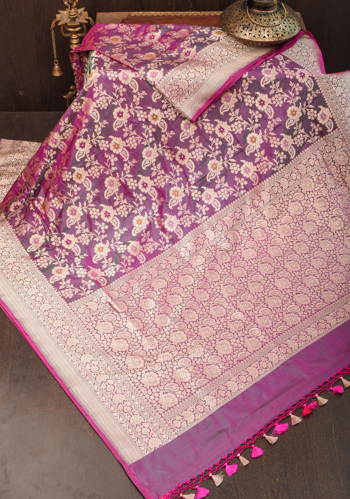 Exquisite Banarasi Meenakari Jaal Katan Saree in Purple Green Dual tone | SILK MARK CERTIFIED