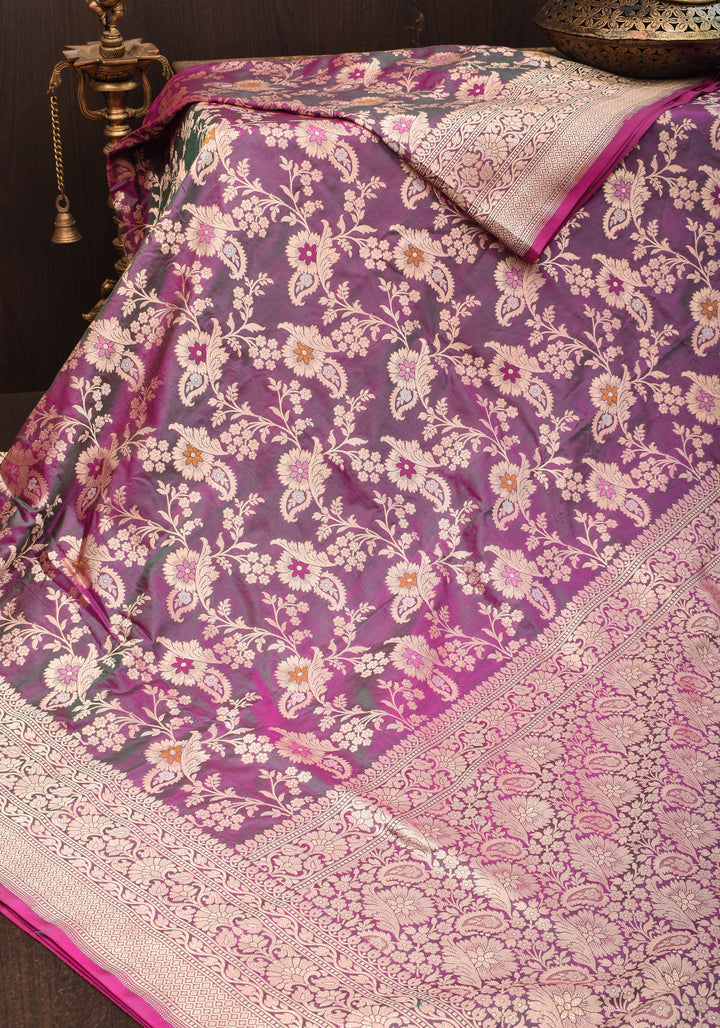 Exquisite Banarasi Meenakari Jaal Katan Saree in Purple Green Dual tone | SILK MARK CERTIFIED