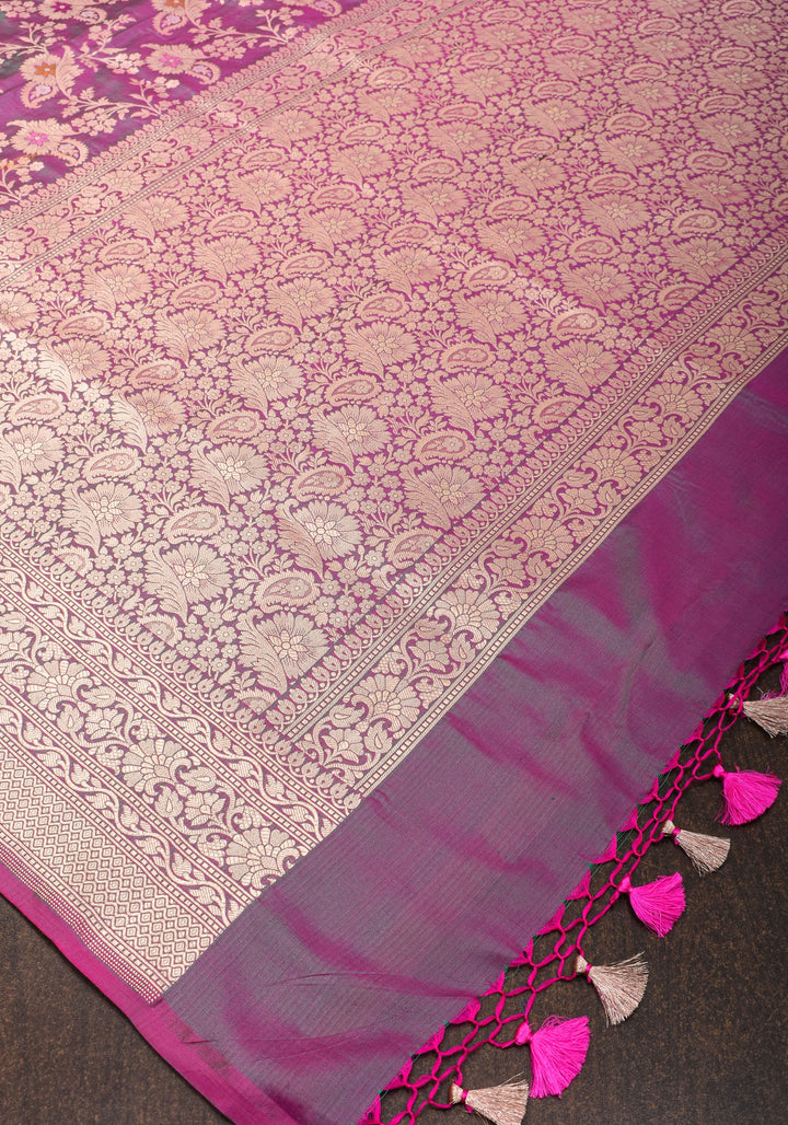 Exquisite Banarasi Meenakari Jaal Katan Saree in Purple Green Dual tone | SILK MARK CERTIFIED