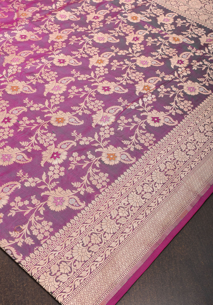 Exquisite Banarasi Meenakari Jaal Katan Saree in Purple Green Dual tone | SILK MARK CERTIFIED