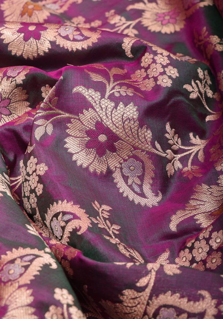 Exquisite Banarasi Meenakari Jaal Katan Saree in Purple Green Dual tone | SILK MARK CERTIFIED