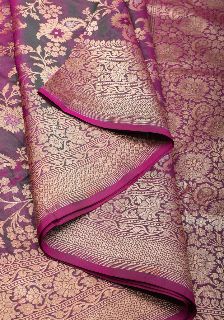 Exquisite Banarasi Meenakari Jaal Katan Saree in Purple Green Dual tone | SILK MARK CERTIFIED